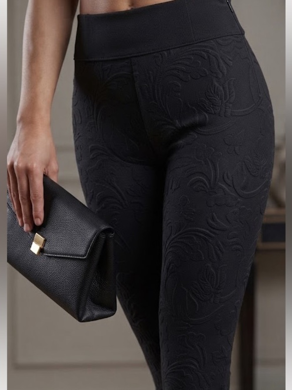 Embossed Floral Leggings - Elegant Black High-Waist